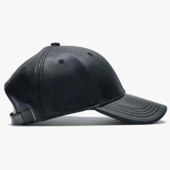 Black Leather Baseball Cap Hat, Mens, Womans,  Adjustable Faux Leather Vegan - Picture 6 of 6
